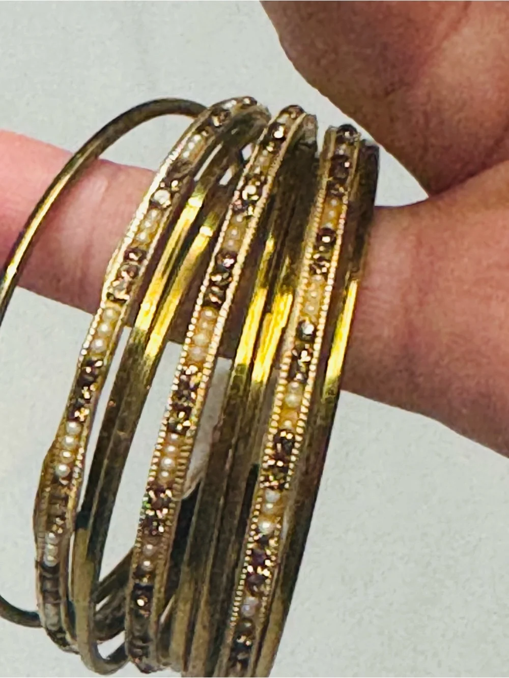 Set of 9 Gold Tone Bangle Bracelet Stack Set Rhinestone Crystal Embellished New